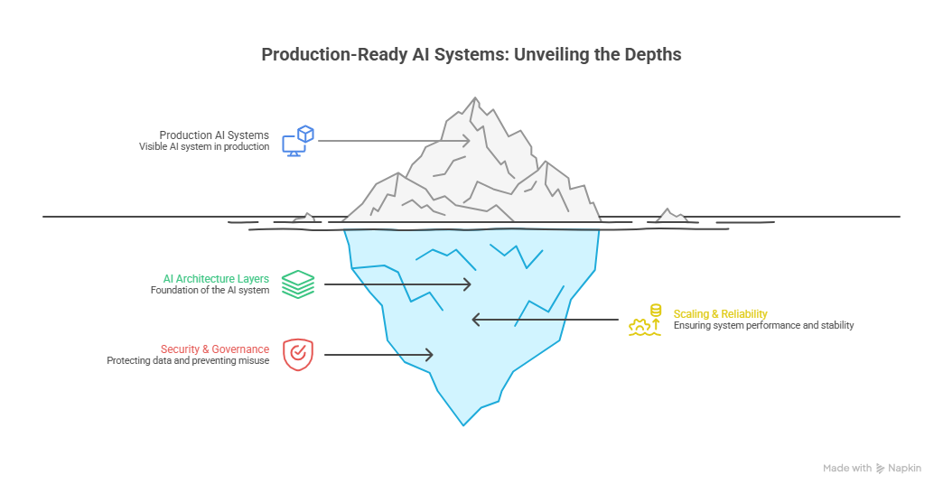 Iceberg-style diagram by Arpit Desai in light mode showing production-ready AI systems and their underlying layers.